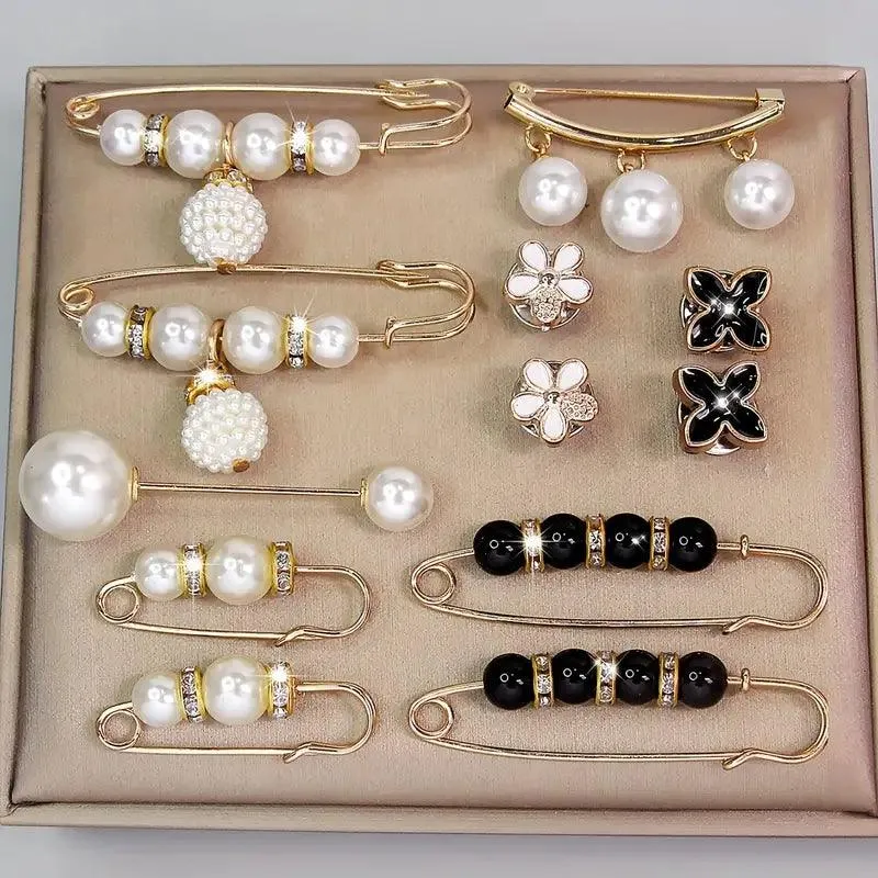 6 Pcs Elegant Faux Pearls Brooch Pins Dress Clip