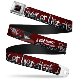 A NIGHTMARE ON ELM STREET Full Color Black/Blood Splatter Reds Seatbelt Belt - A NIGHTMARE ON ELM STREET/READY OR NOT HERE I COME/Freddy Pose/Skulls Reds/Black/Grays/White Webbing