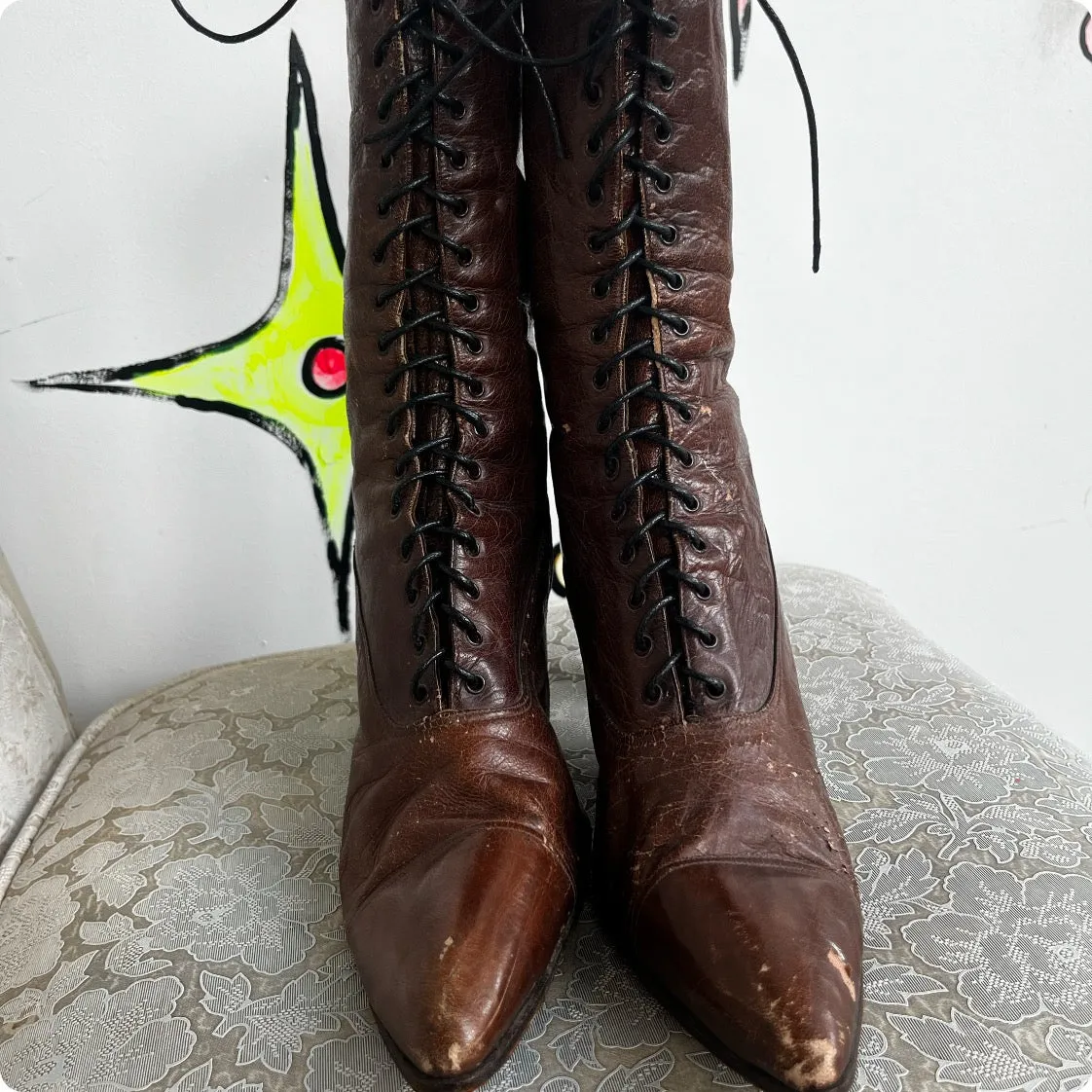 Antique Leather Victorian Boots | Brown Pointy Lace Up Boots | Size 7.5 8