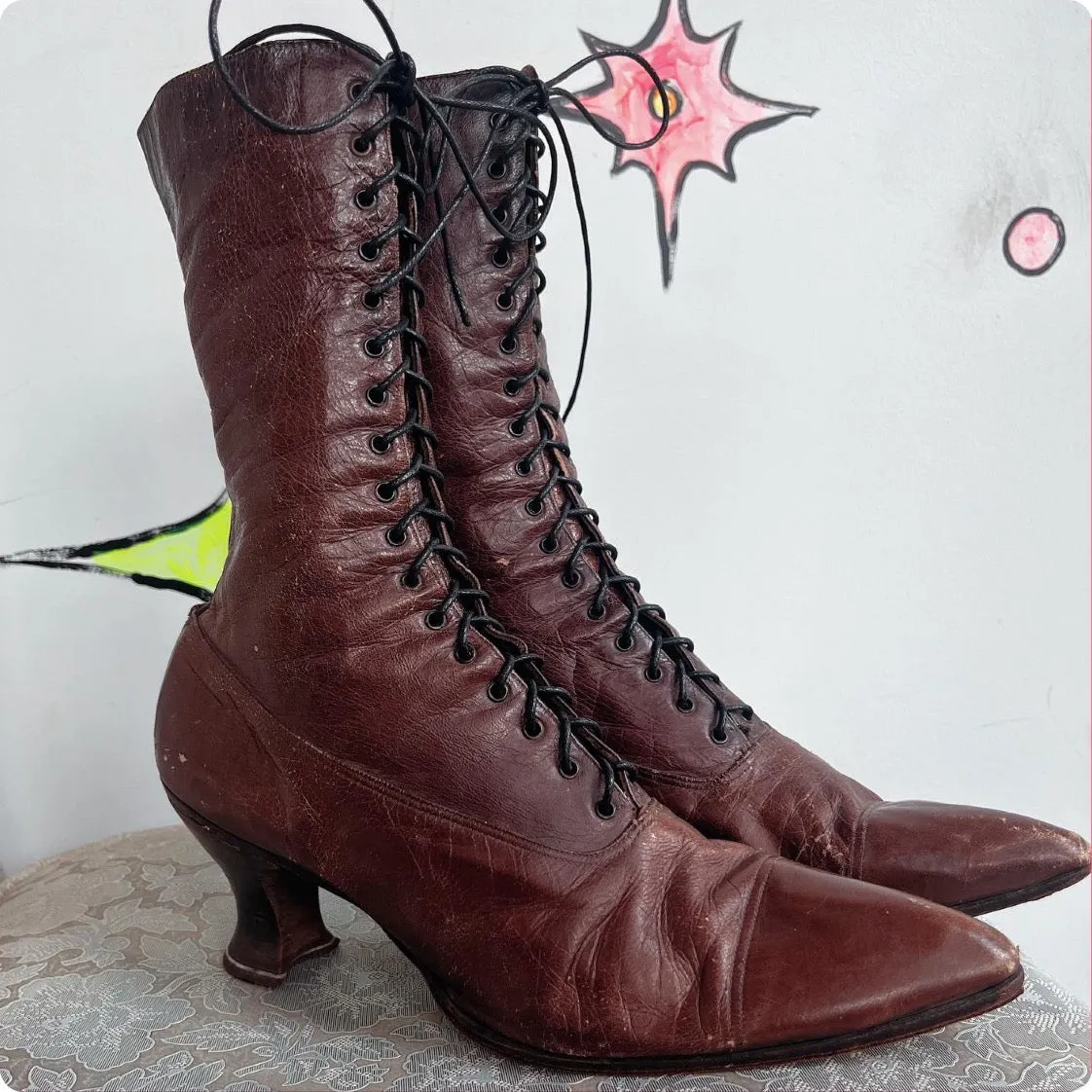 Antique Leather Victorian Boots | Brown Pointy Lace Up Boots | Size 7.5 8