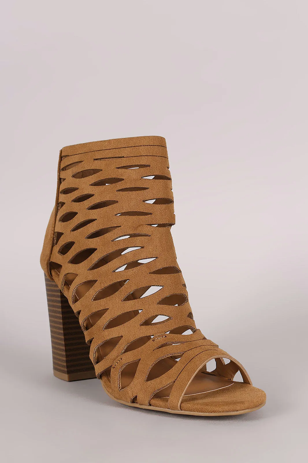 Bamboo Suede Caged Cutout Chunky Heeled Booties