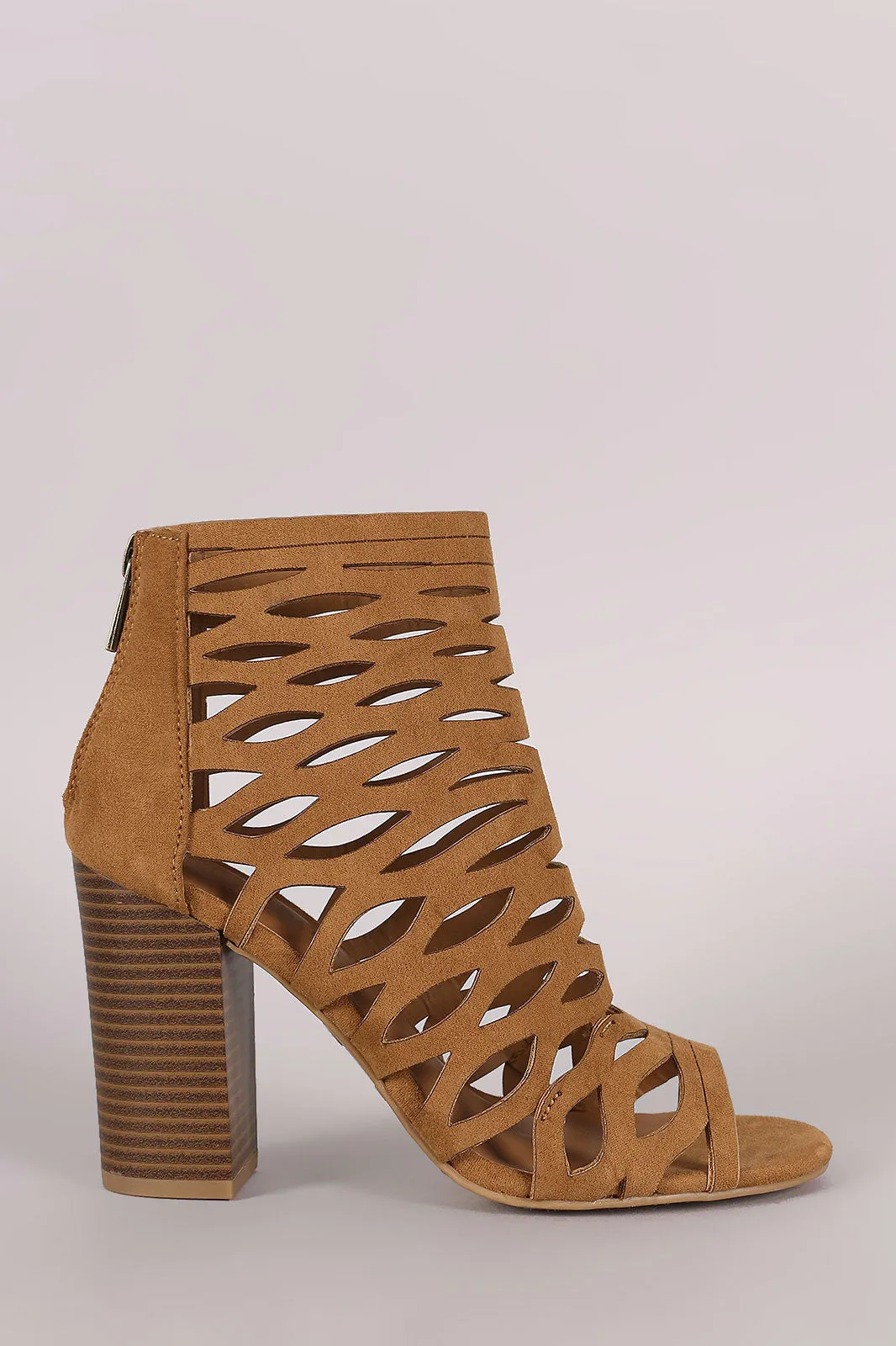 Bamboo Suede Caged Cutout Chunky Heeled Booties