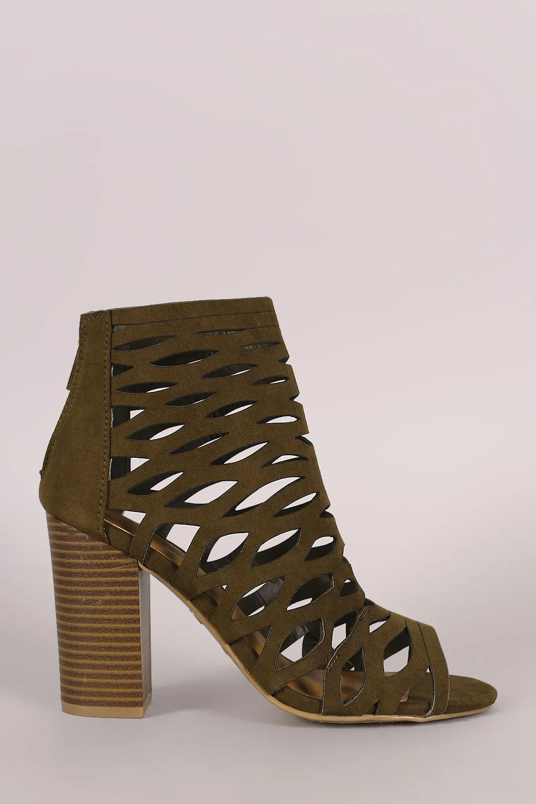 Bamboo Suede Caged Cutout Chunky Heeled Booties