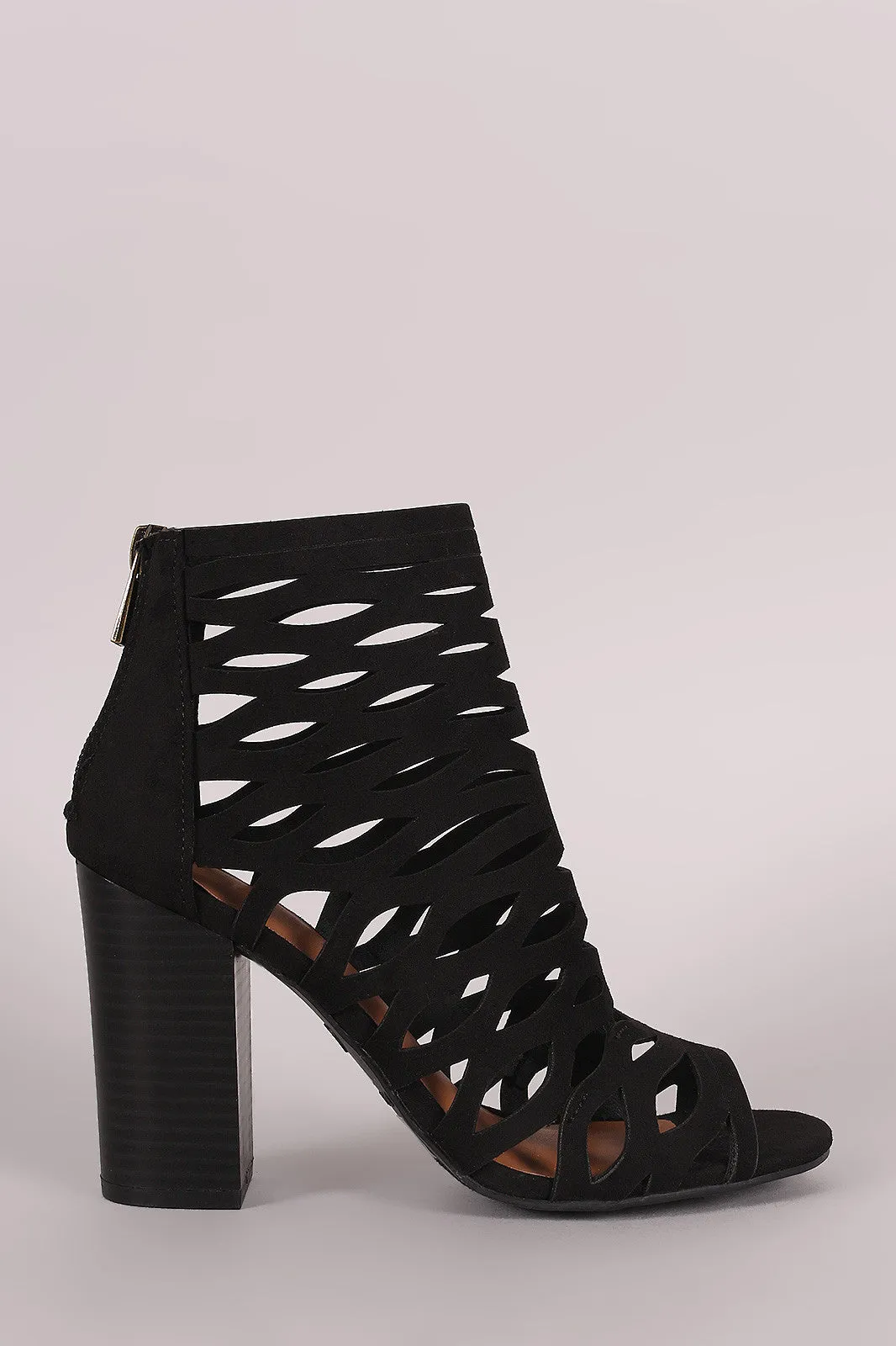 Bamboo Suede Caged Cutout Chunky Heeled Booties