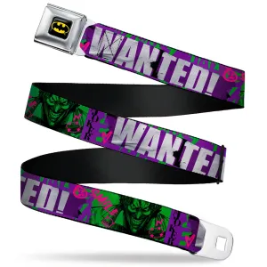 Batman Full Color Black/Yellow Seatbelt Belt - THE JOKER WANTED Smiling Pose and Graffiti Purples/Greens Webbing