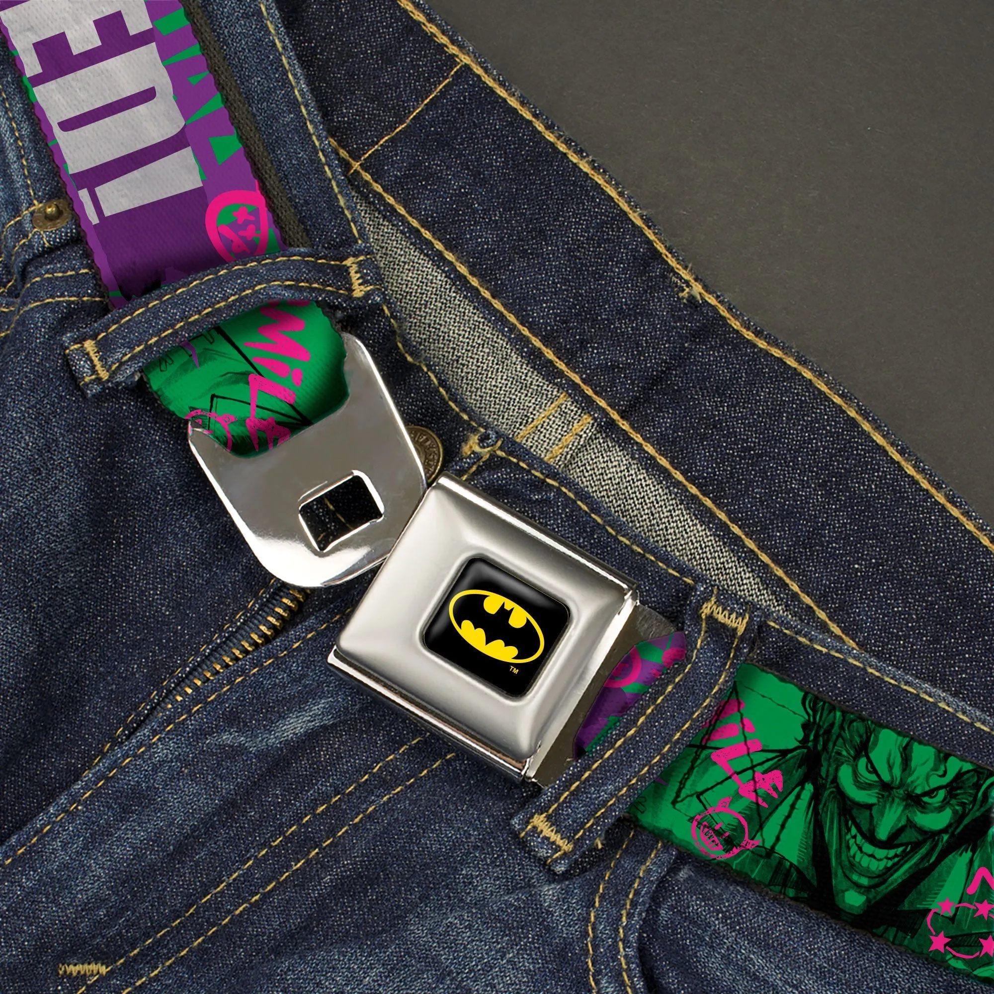 Batman Full Color Black/Yellow Seatbelt Belt - THE JOKER WANTED Smiling Pose and Graffiti Purples/Greens Webbing