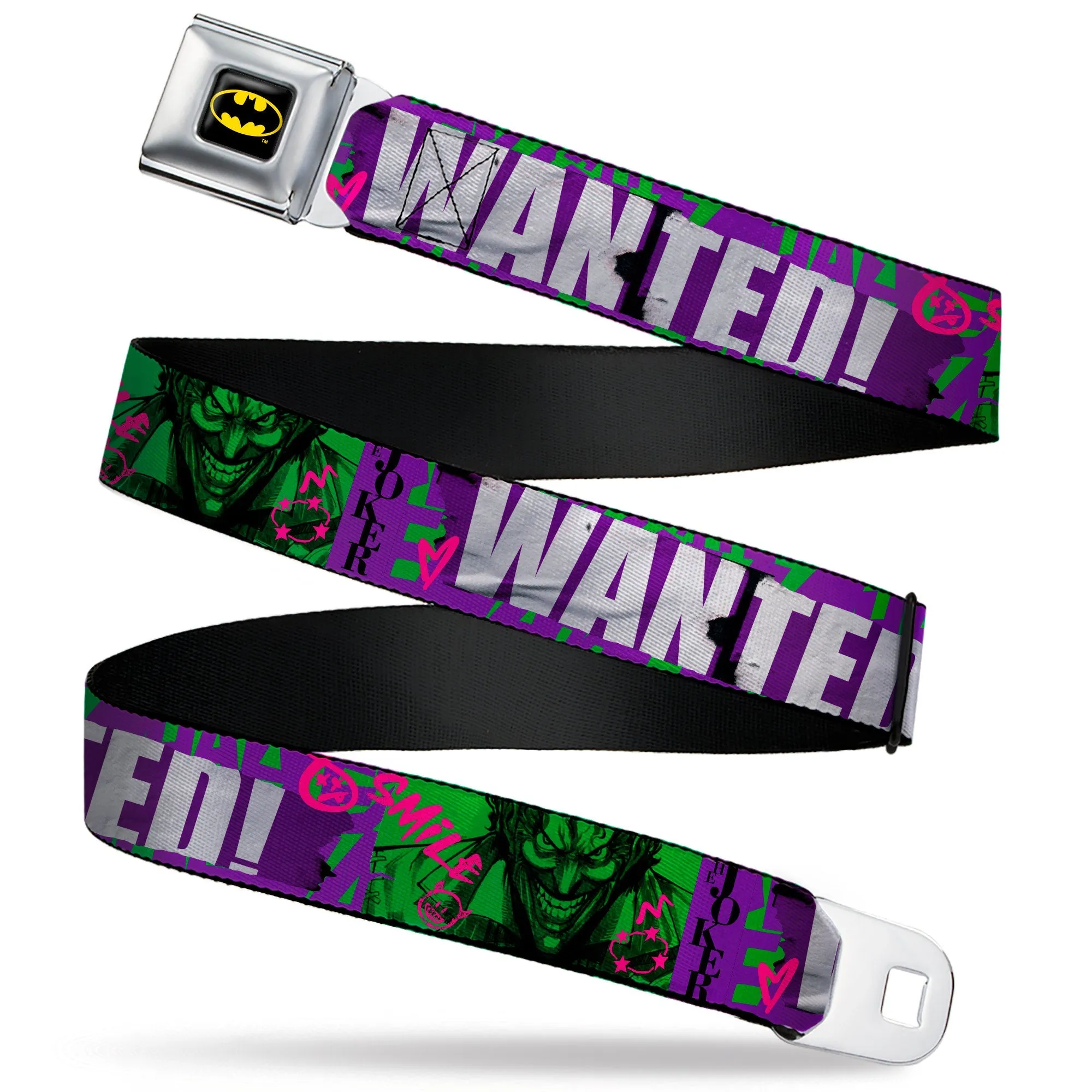 Batman Full Color Black/Yellow Seatbelt Belt - THE JOKER WANTED Smiling Pose and Graffiti Purples/Greens Webbing