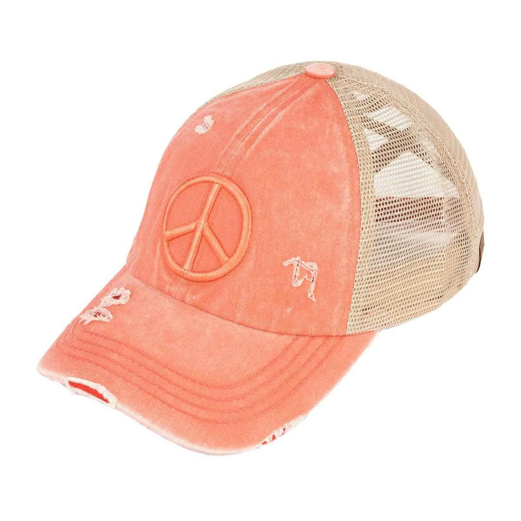 BT1017 Distressed Embroidered Peace Sign Cross Cross High Pony Baseball Cap