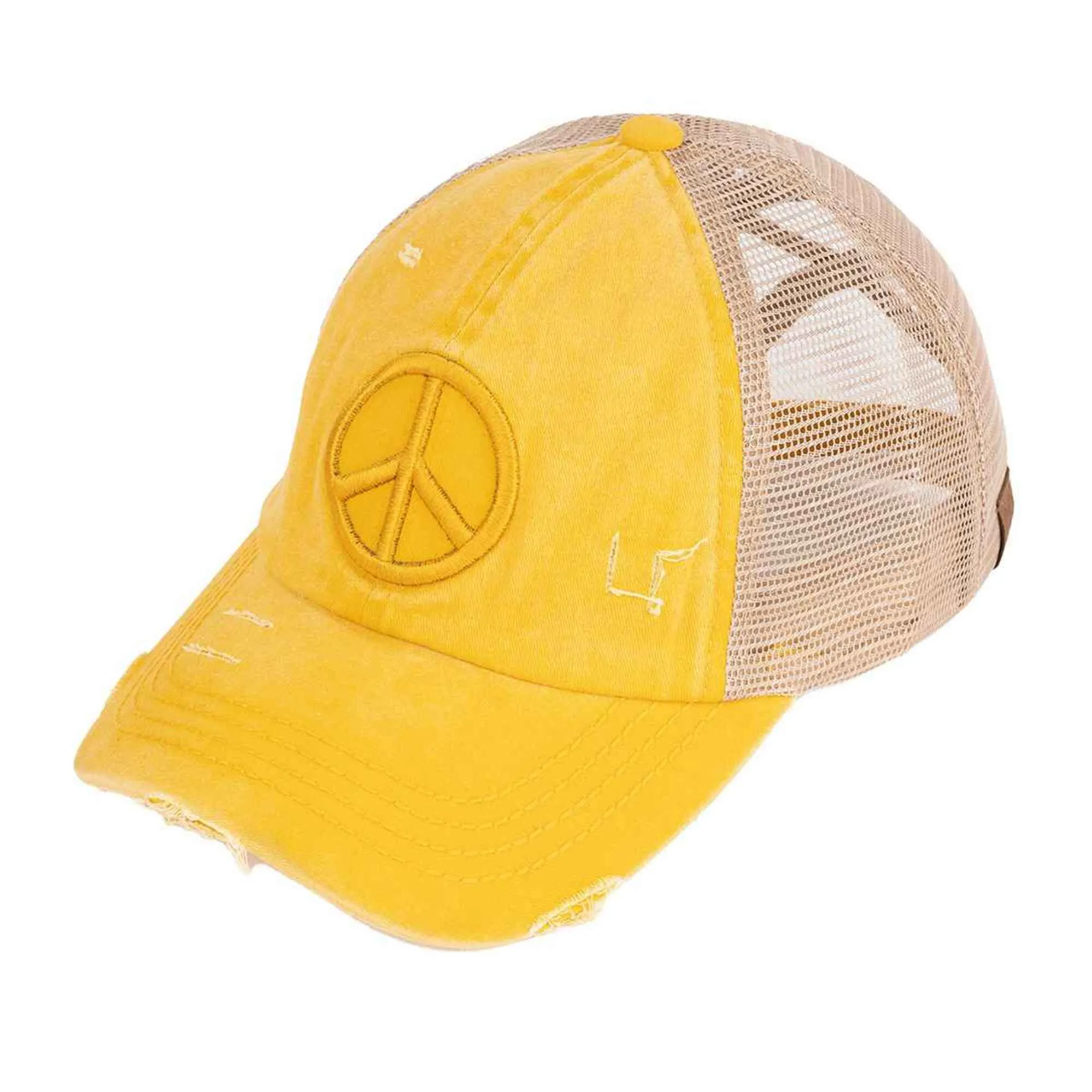 BT1017 Distressed Embroidered Peace Sign Cross Cross High Pony Baseball Cap