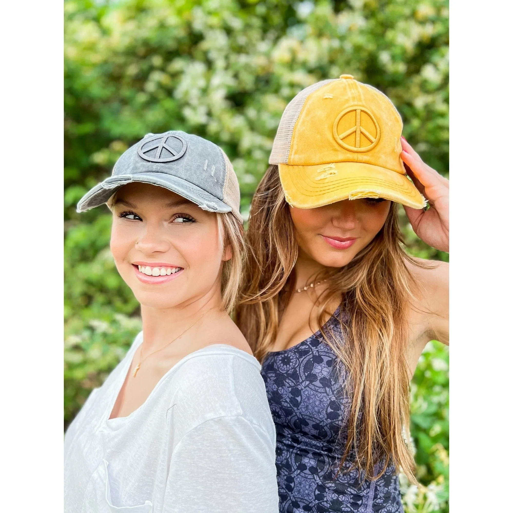 BT1017 Distressed Embroidered Peace Sign Cross Cross High Pony Baseball Cap