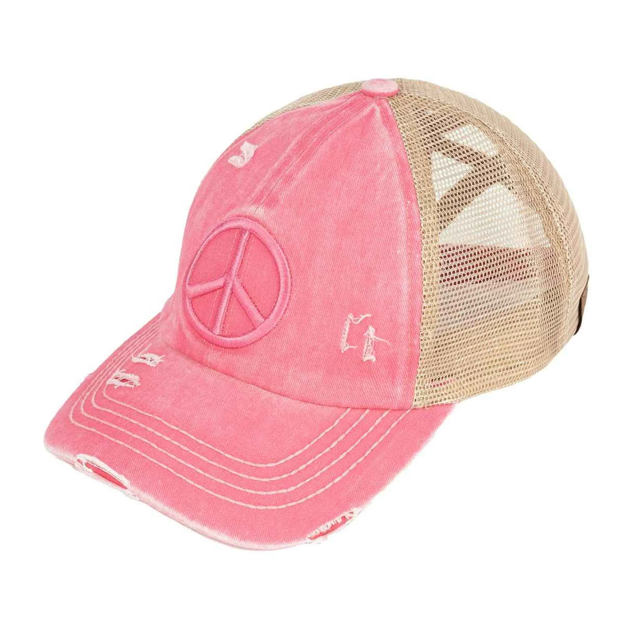 BT1017 Distressed Embroidered Peace Sign Cross Cross High Pony Baseball Cap