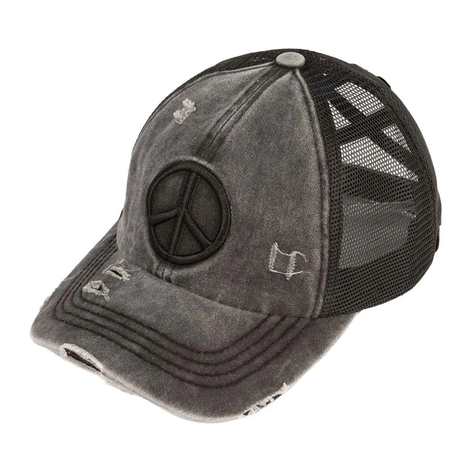 BT1017 Distressed Embroidered Peace Sign Cross Cross High Pony Baseball Cap