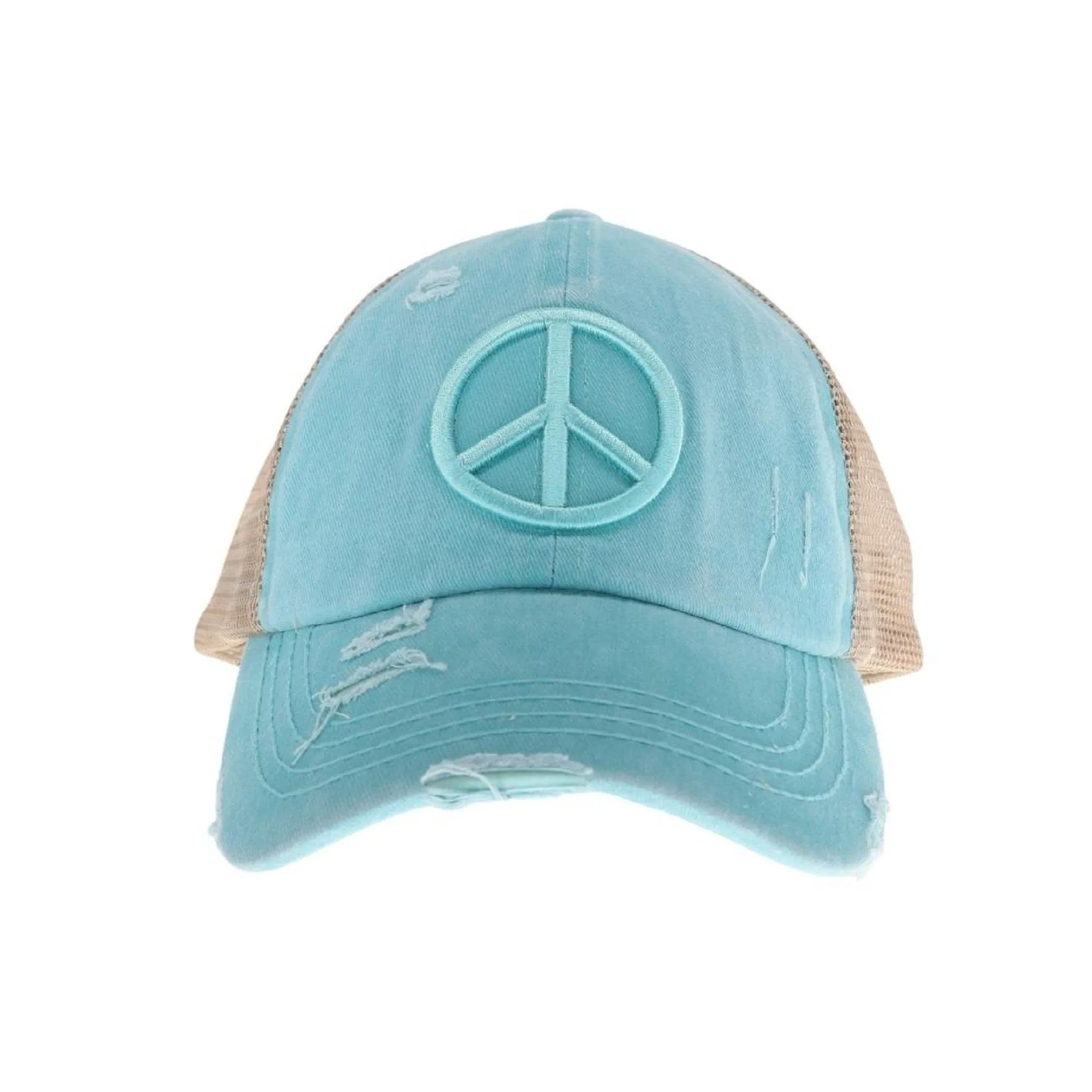 BT1017 Distressed Embroidered Peace Sign Cross Cross High Pony Baseball Cap