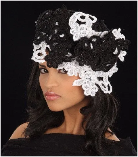 BW2436- Ladies straw Hat Black/White hand beaded lace