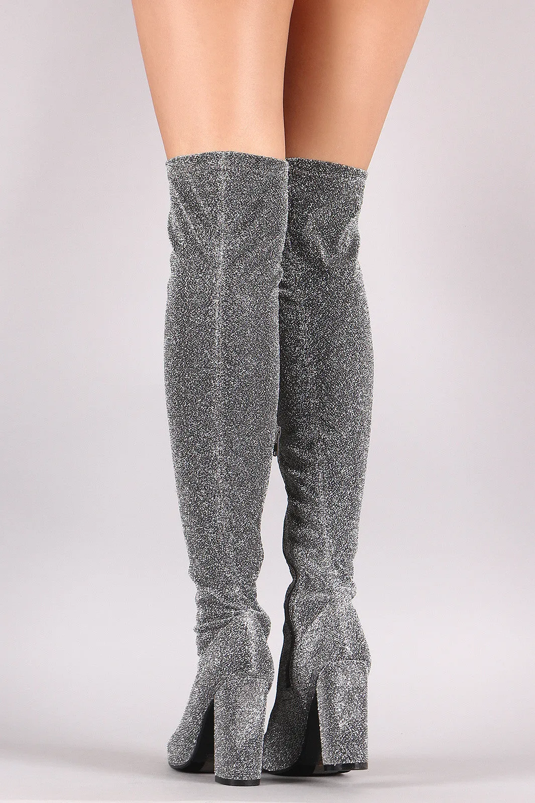 Foiled Metallic Fabric Chunky Heeled Over-The-Knee Boots