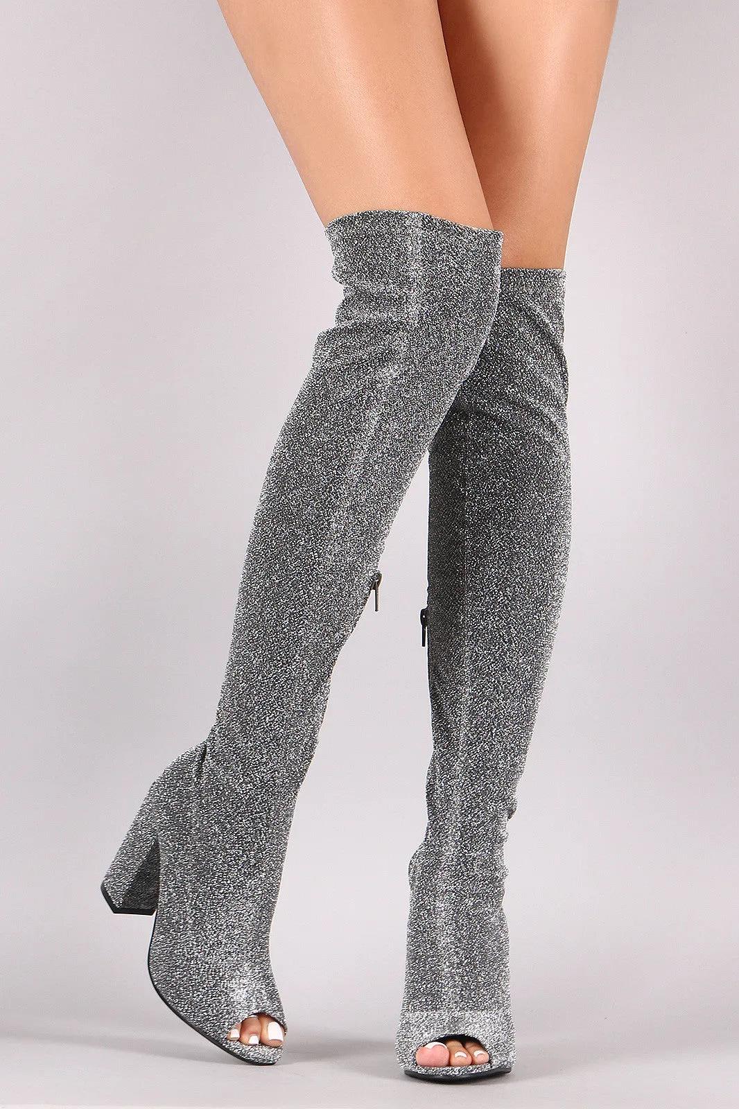 Foiled Metallic Fabric Chunky Heeled Over-The-Knee Boots