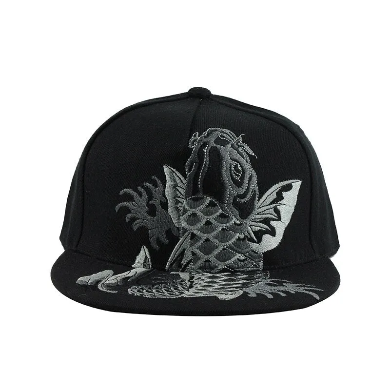 Koi Fish Embroidery Street Style Snapback Hip Hop Cap