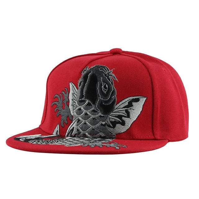 Koi Fish Embroidery Street Style Snapback Hip Hop Cap