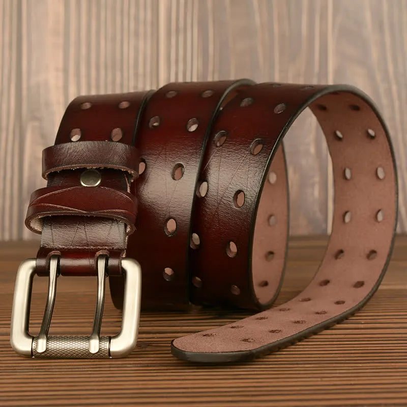 Men's Classic Double Row Hole Leather Belt