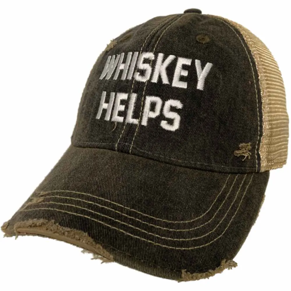 "Whiskey Helps" Retro Brand Mudwashed Distressed Mesh Adj. Snapback Hat Cap