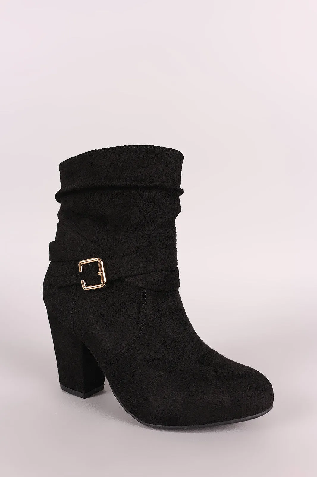 Slouchy Suede Buckled Ankle Strap Chunky Heeled Booties