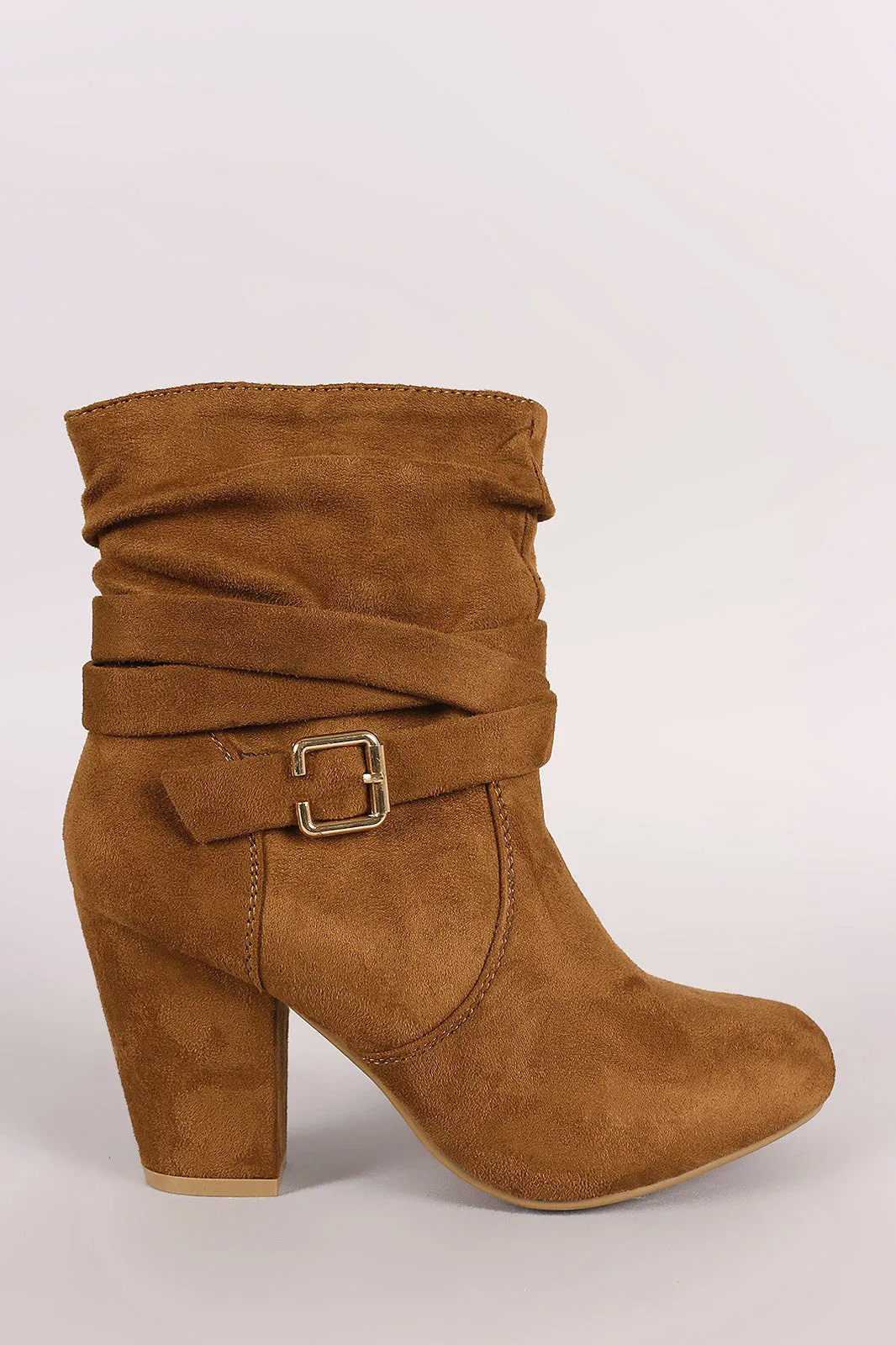 Slouchy Suede Buckled Ankle Strap Chunky Heeled Booties