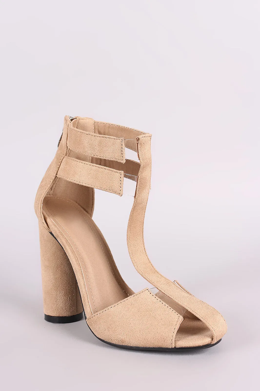 Suede Strappy Caged Lucite T-Strap Round Heel