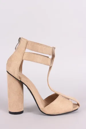 Suede Strappy Caged Lucite T-Strap Round Heel