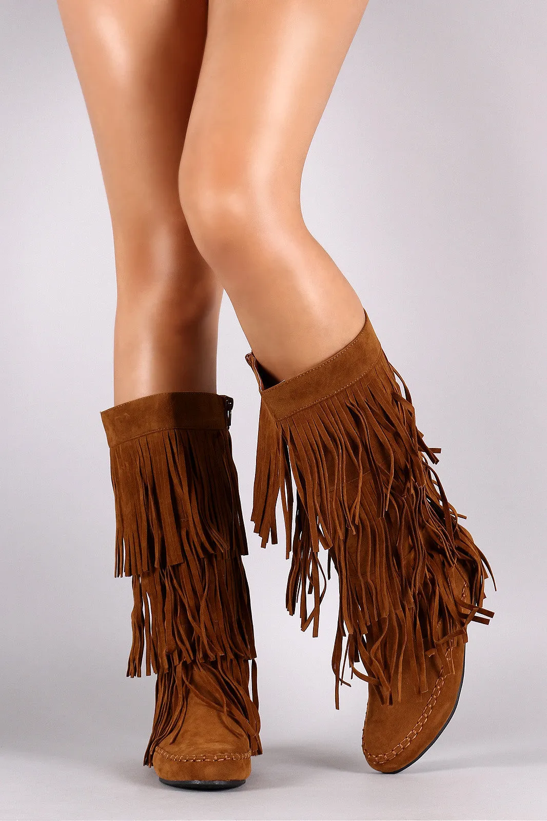 Suede Three Layer Fringe Mid Calf Boots