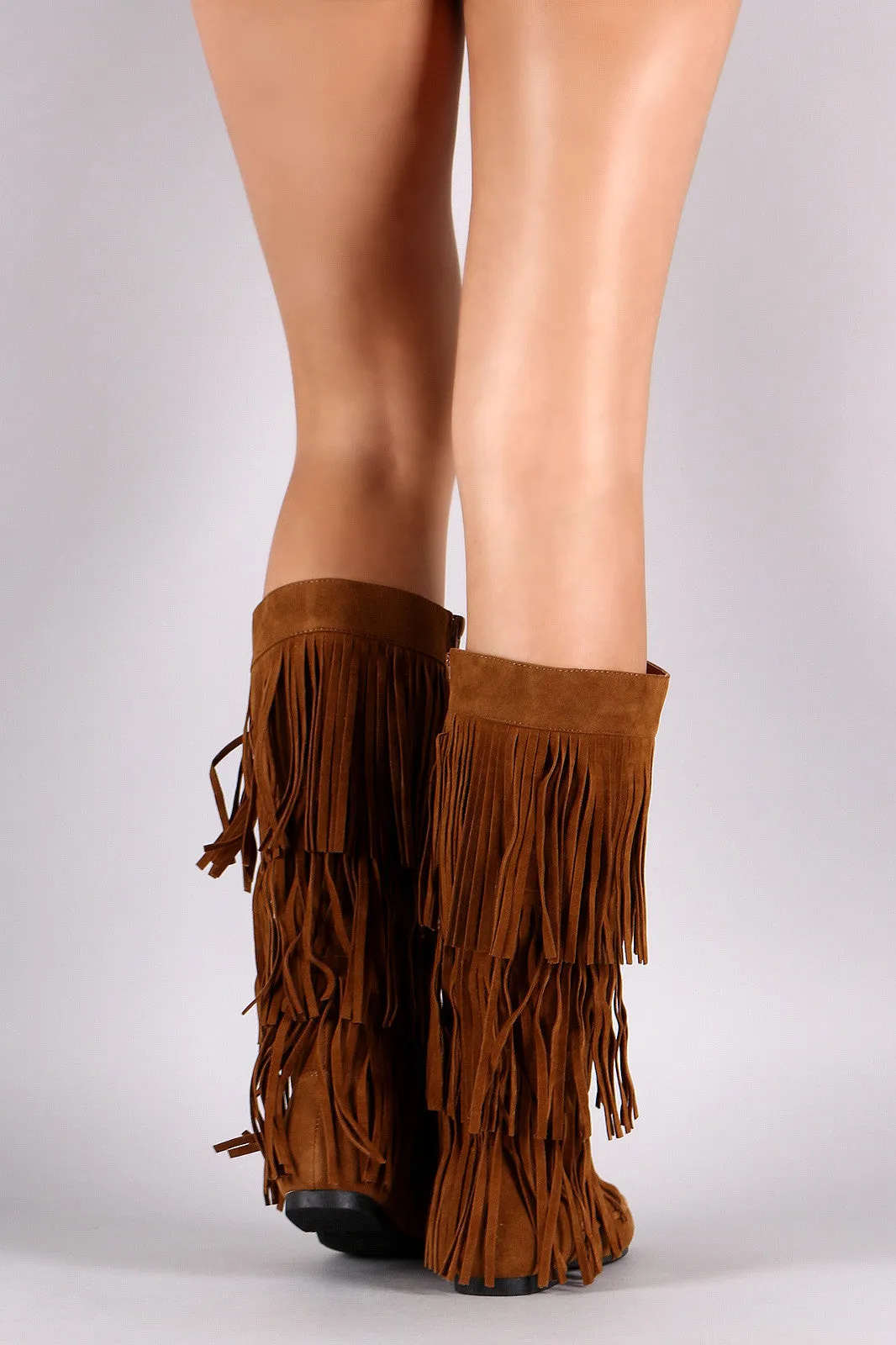 Suede Three Layer Fringe Mid Calf Boots