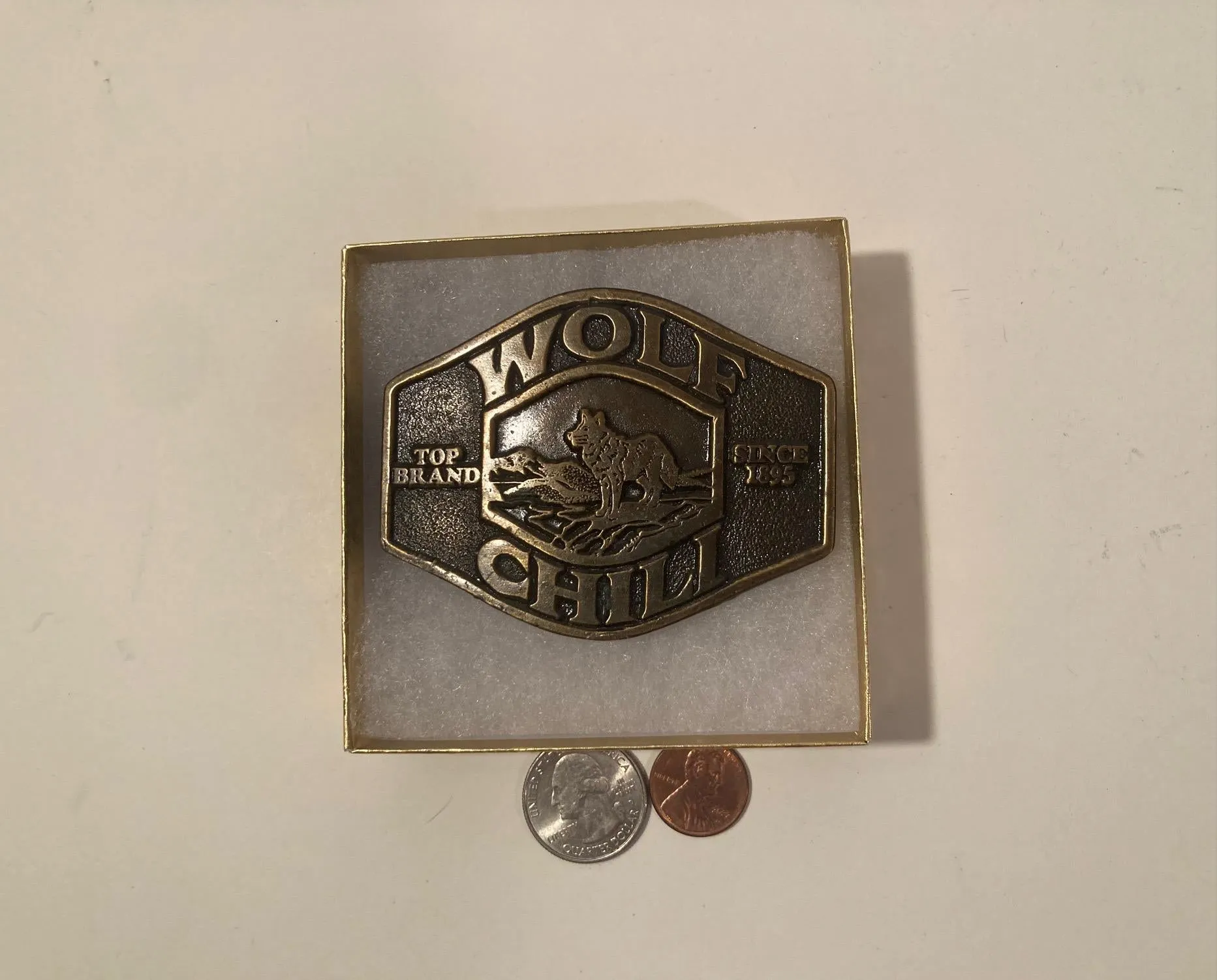 Vintage 1976 Metal Belt Buckle, Wolf Chili, Chili Cook Off, Heavy Duty, Quality, Thick Metal, 3 1/4" x 2 1/2", Made in USA, For Belts