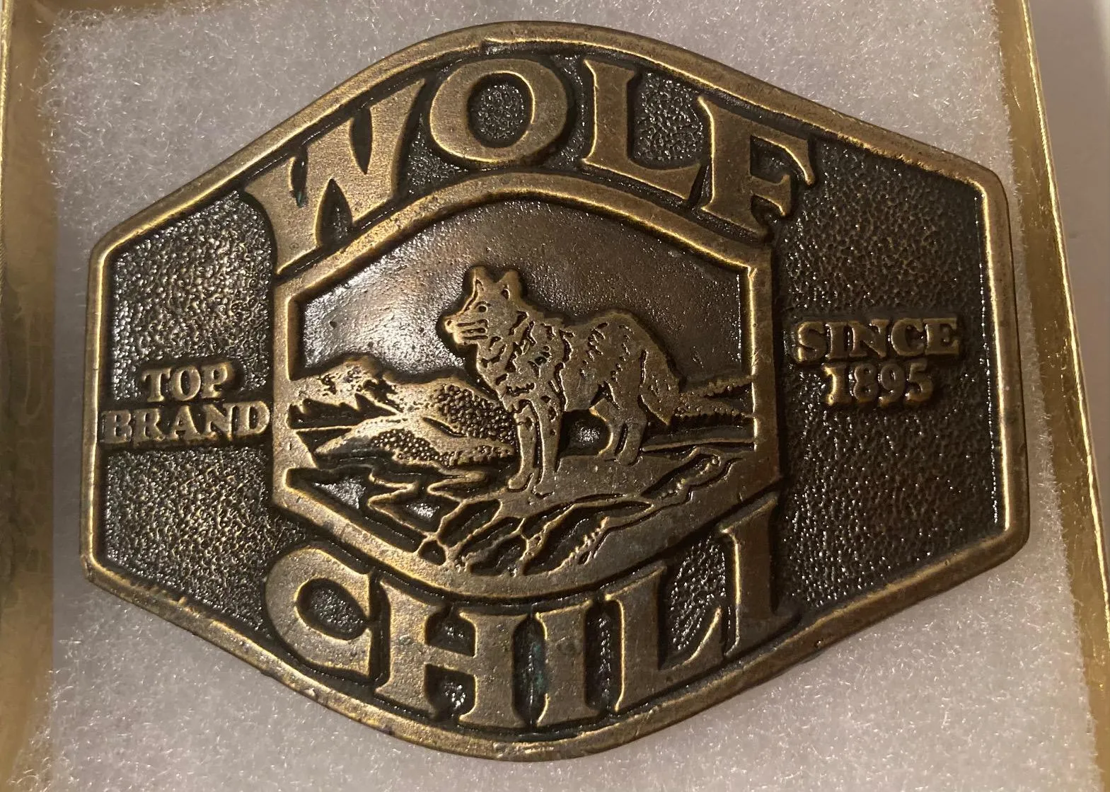 Vintage 1976 Metal Belt Buckle, Wolf Chili, Chili Cook Off, Heavy Duty, Quality, Thick Metal, 3 1/4" x 2 1/2", Made in USA, For Belts