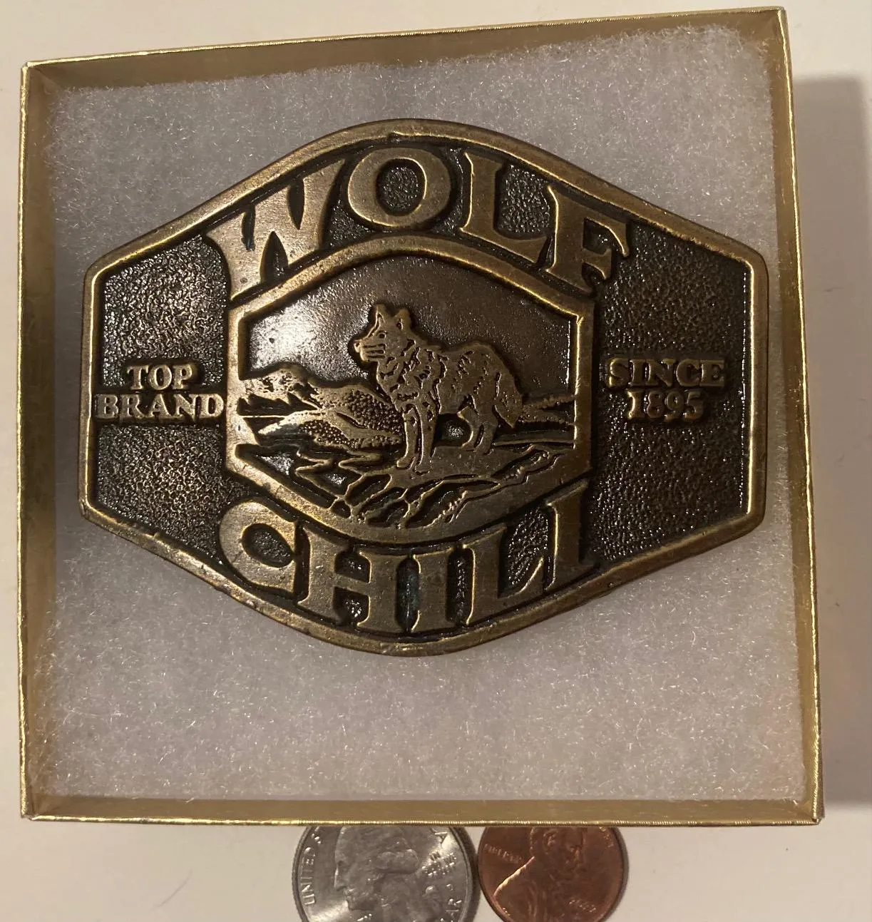 Vintage 1976 Metal Belt Buckle, Wolf Chili, Chili Cook Off, Heavy Duty, Quality, Thick Metal, 3 1/4" x 2 1/2", Made in USA, For Belts