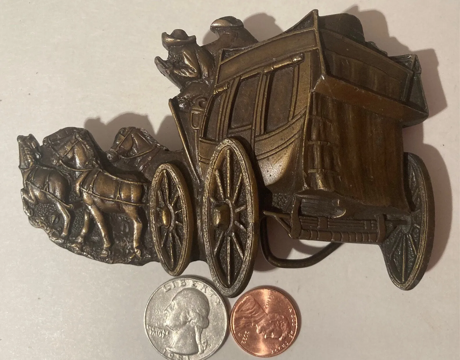 Vintage 1979 Metal Belt Buckle, Stagecoach, Buggy, Horses, Nice Design, Very Thick Metal, 4 1/2" x 3", Heavy Duty, Quality, Thick Metal