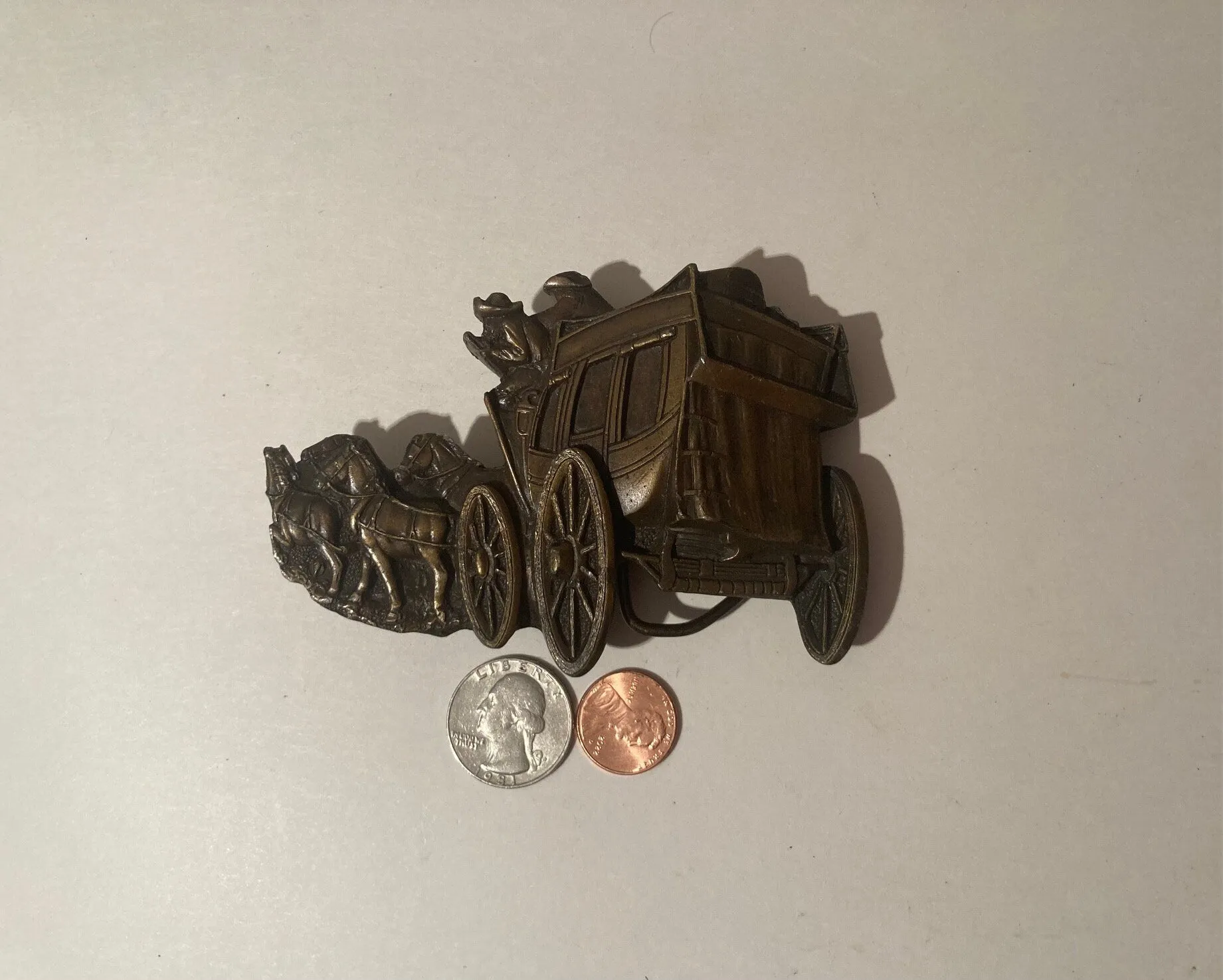 Vintage 1979 Metal Belt Buckle, Stagecoach, Buggy, Horses, Nice Design, Very Thick Metal, 4 1/2" x 3", Heavy Duty, Quality, Thick Metal