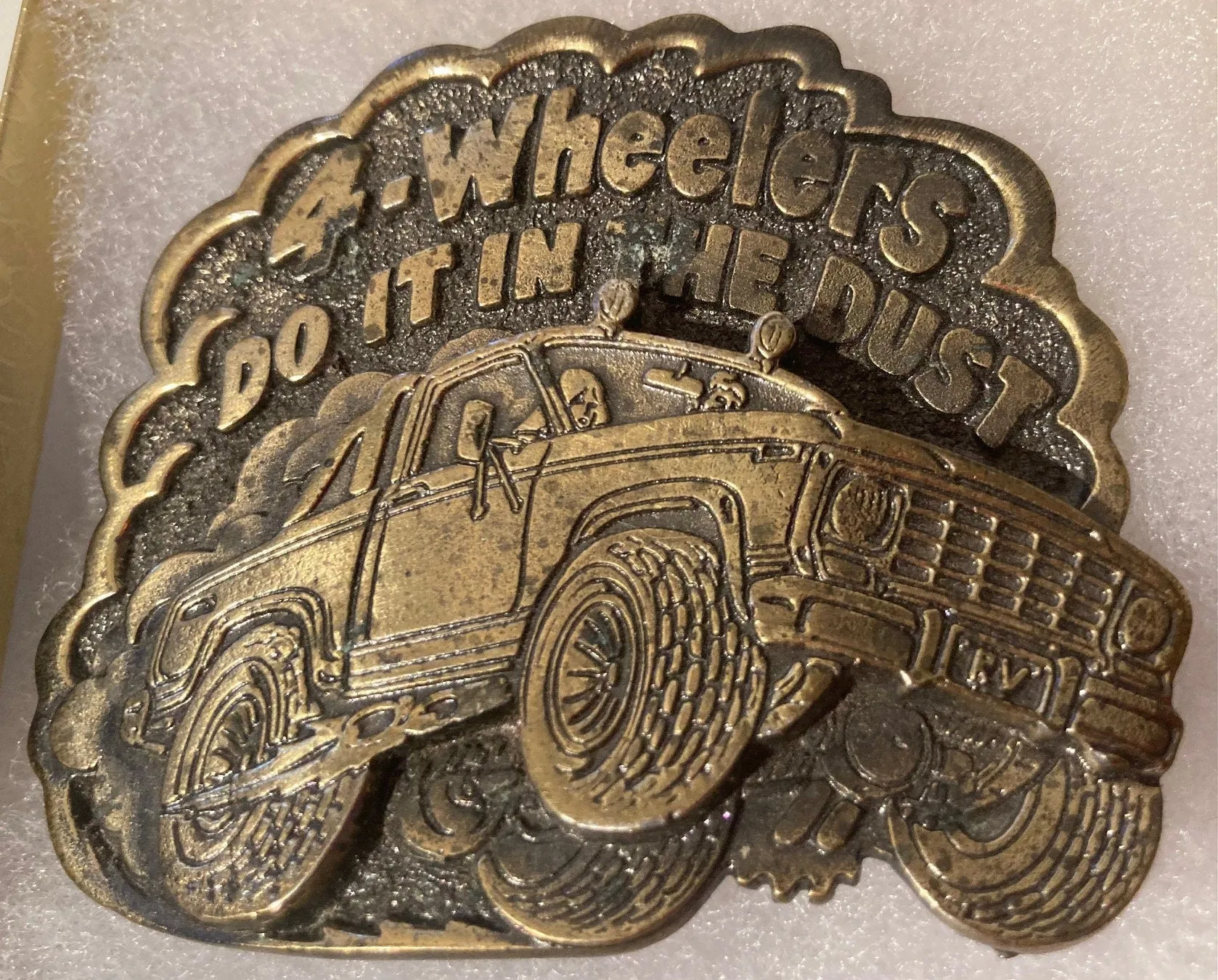 Vintage 1980 Metal Belt Buckle, Brass, 4 Wheelers Do It In The Dust, Heavy Duty, Quality, Thick Metal, 3" x 2 1/2", For Belts, Made in USA