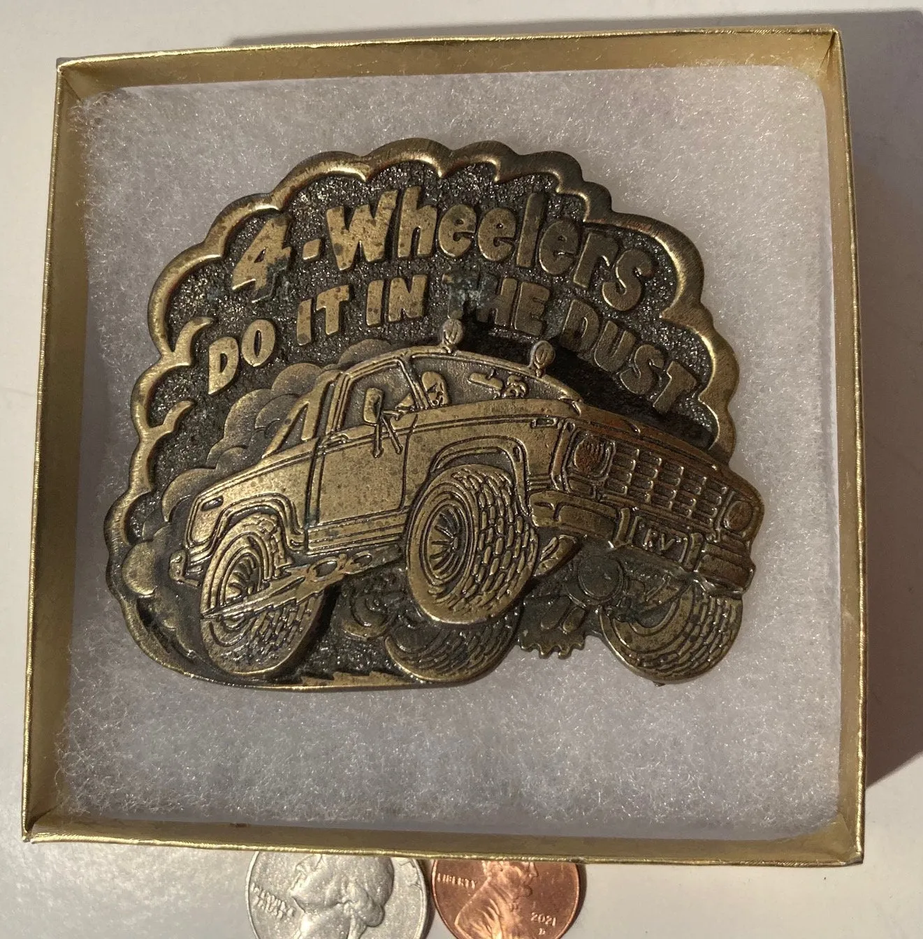 Vintage 1980 Metal Belt Buckle, Brass, 4 Wheelers Do It In The Dust, Heavy Duty, Quality, Thick Metal, 3" x 2 1/2", For Belts, Made in USA