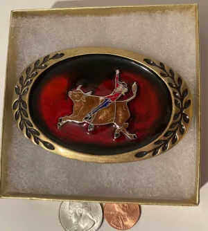 Vintage 1980 Metal Belt Buckle, Bull Riding, Red Enamel, Aminco, 3 1/2, x 2 1/4", Thick Metal, Quality, Made in USA, Country and Western