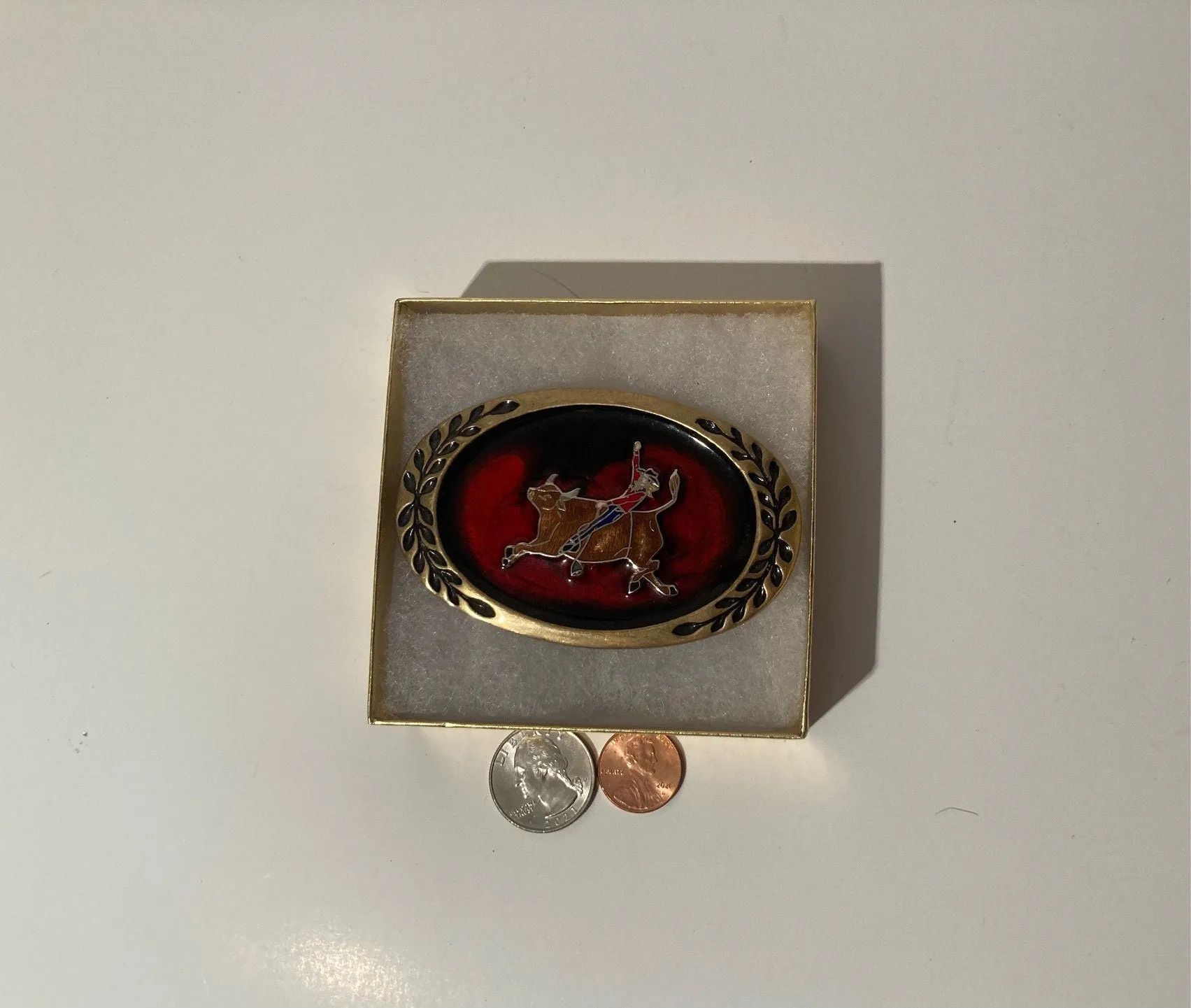 Vintage 1980 Metal Belt Buckle, Bull Riding, Red Enamel, Aminco, 3 1/2, x 2 1/4", Thick Metal, Quality, Made in USA, Country and Western