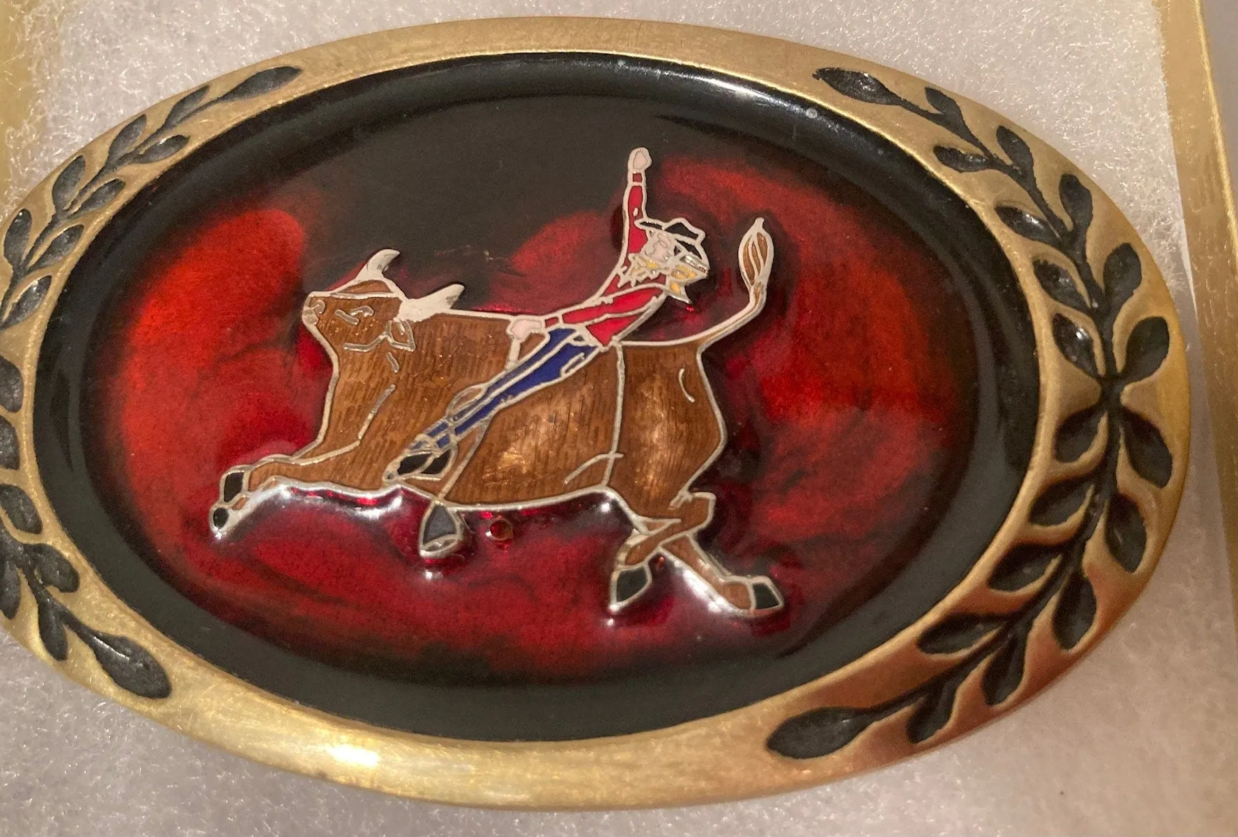 Vintage 1980 Metal Belt Buckle, Bull Riding, Red Enamel, Aminco, 3 1/2, x 2 1/4", Thick Metal, Quality, Made in USA, Country and Western