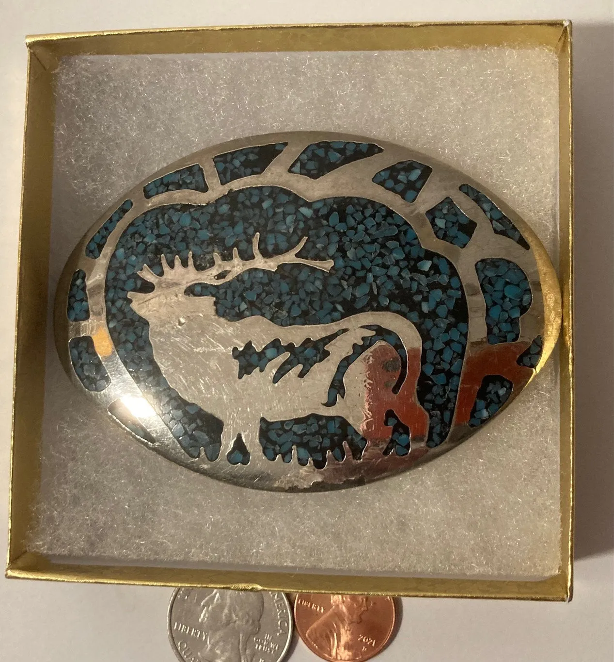 Vintage 1980 Metal Belt Buckle, Turquoise, Elk, Deer, Nature, Wildlife, Nice Design, 3 1/2" x 2 1/2", Heavy Duty, Quality, Thick Metal