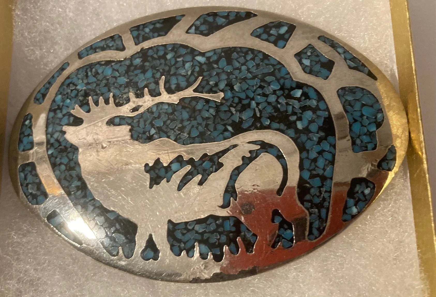 Vintage 1980 Metal Belt Buckle, Turquoise, Elk, Deer, Nature, Wildlife, Nice Design, 3 1/2" x 2 1/2", Heavy Duty, Quality, Thick Metal