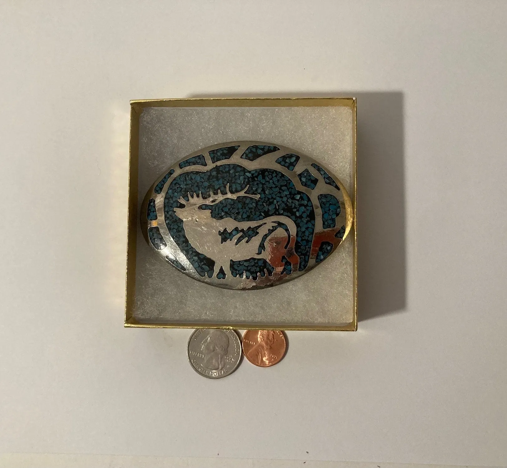 Vintage 1980 Metal Belt Buckle, Turquoise, Elk, Deer, Nature, Wildlife, Nice Design, 3 1/2" x 2 1/2", Heavy Duty, Quality, Thick Metal