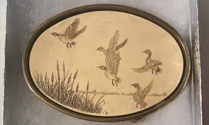 Vintage 1981 Metal Belt Buckle, Ducks, Mallards, Birds, Barlow, Heavy Duty, Quality, Thick Metal, Made in USA, For Belts, Fashion