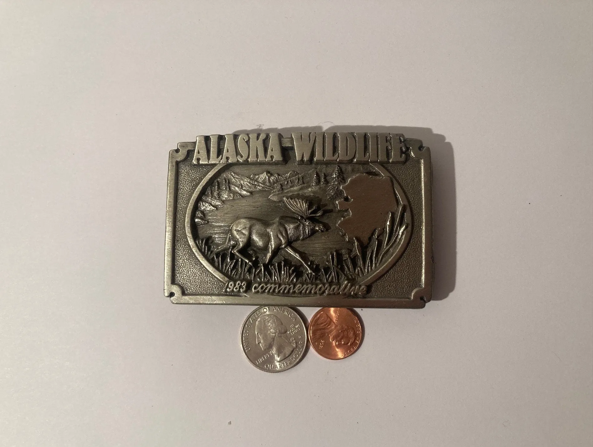 Vintage 1983 Metal Belt Buckle, Alaska Wildlife, Heavy Duty, Quality, Fashion, Belts, Shelf Display, Made in USA, Quality