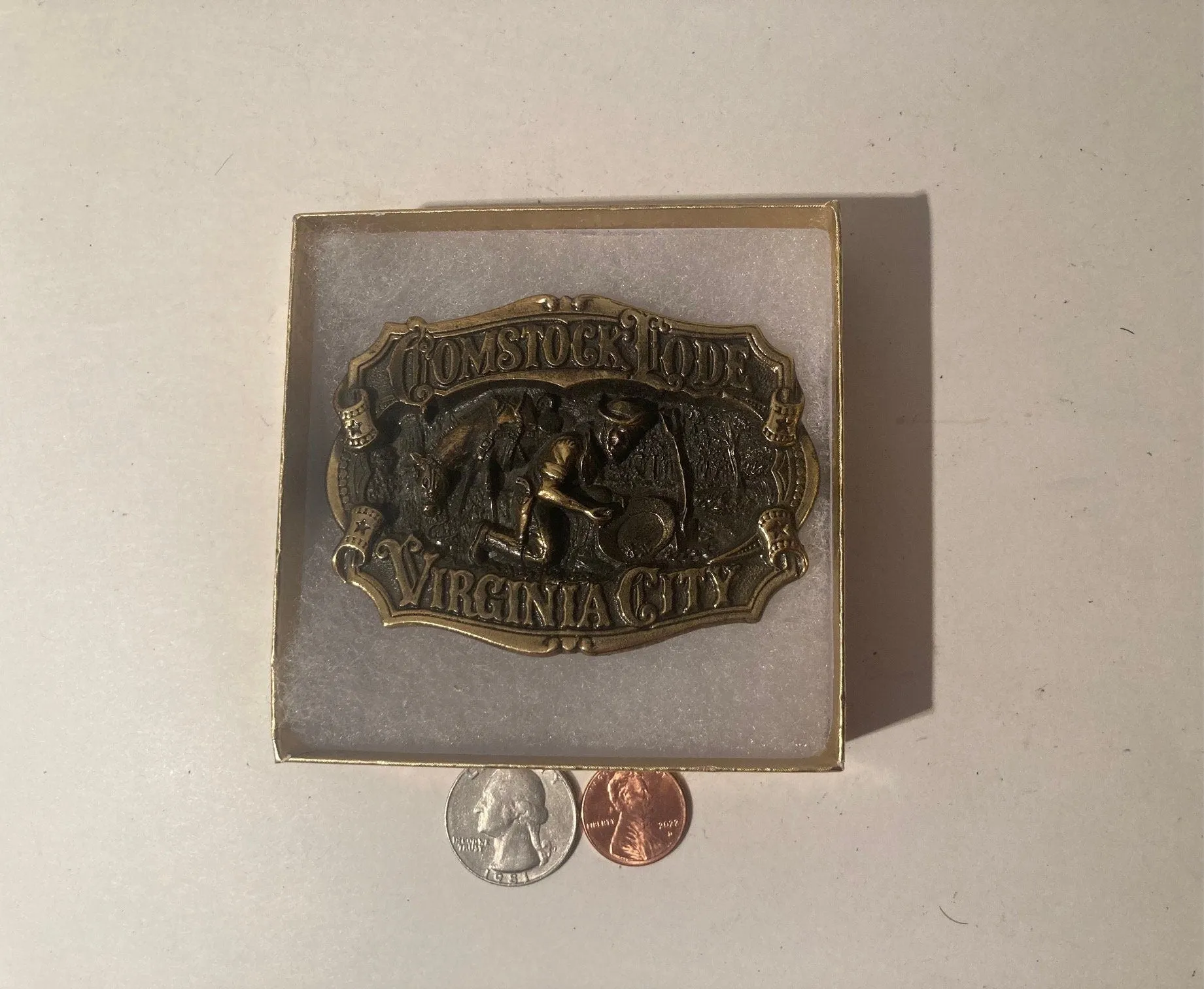 Vintage 1983 Metal Belt Buckle, Solid Brass, Comstock Lode, Virginia City, Gold, Mining, 49er,  Nice Western Style Design