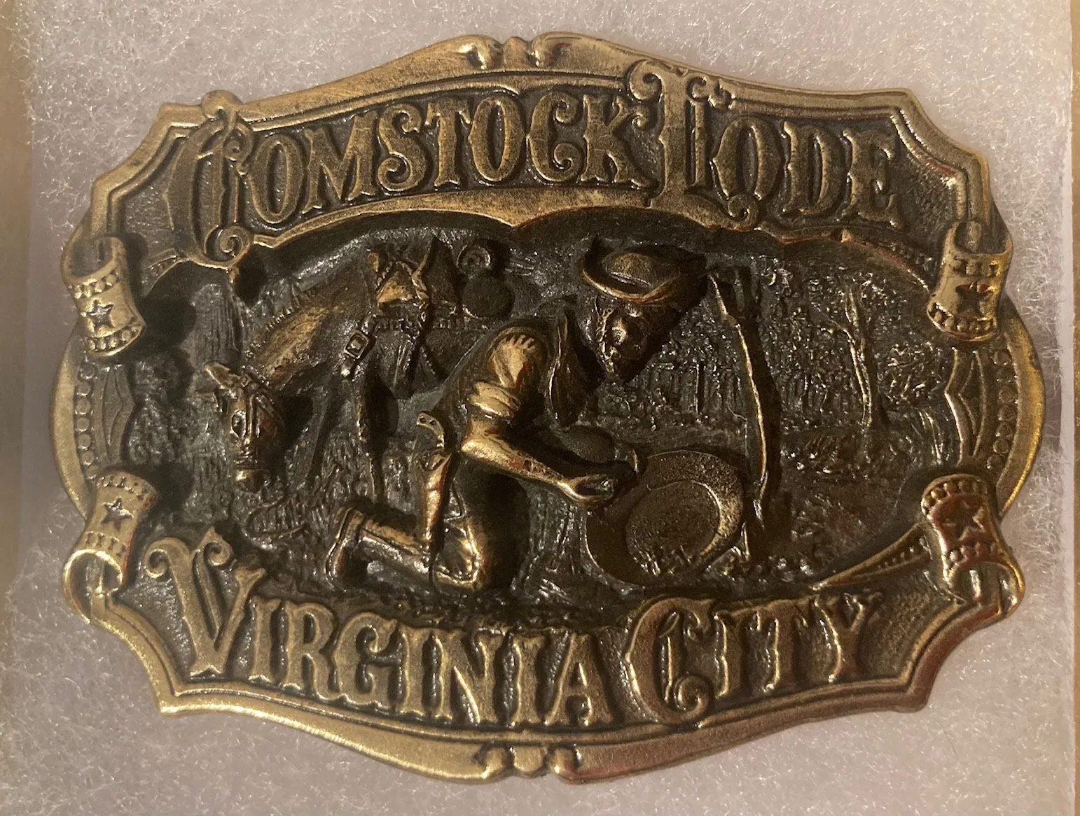 Vintage 1983 Metal Belt Buckle, Solid Brass, Comstock Lode, Virginia City, Gold, Mining, 49er,  Nice Western Style Design