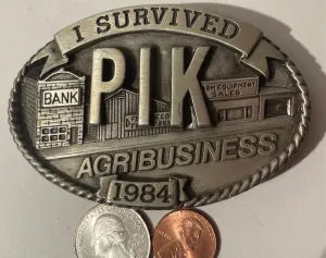 Vintage 1984 Pewter Belt Buckle, I Survived PIK Agribusiness, The Most Costly Farm Program, Made in USA, Quality, Heavy Duty, Fashion, Belts