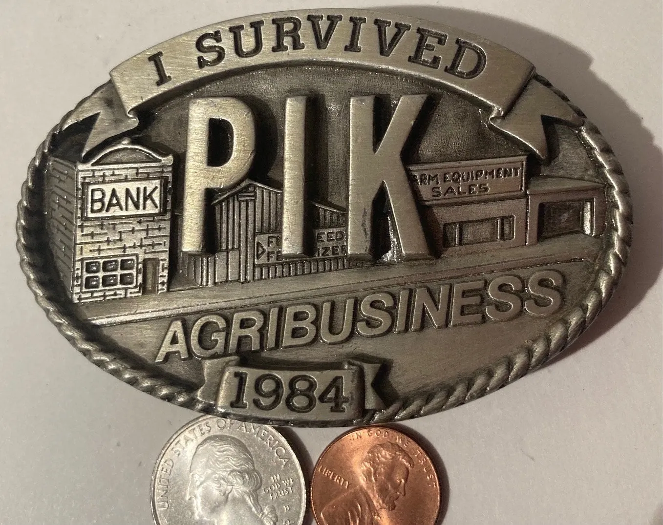 Vintage 1984 Pewter Belt Buckle, I Survived PIK Agribusiness, The Most Costly Farm Program, Made in USA, Quality, Heavy Duty, Fashion, Belts