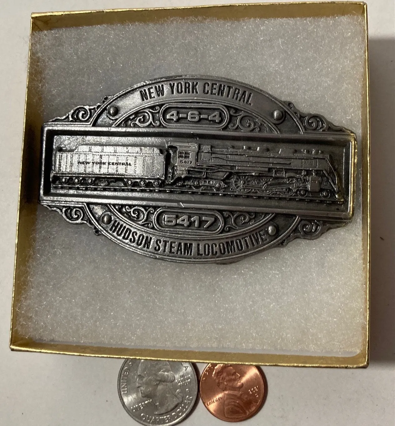 Vintage 1985 Metal Belt Buckle, New York Central, Hudson Steam Locomotive, Nice Western Design, 3 1/2" x 2", Heavy Duty, Quality